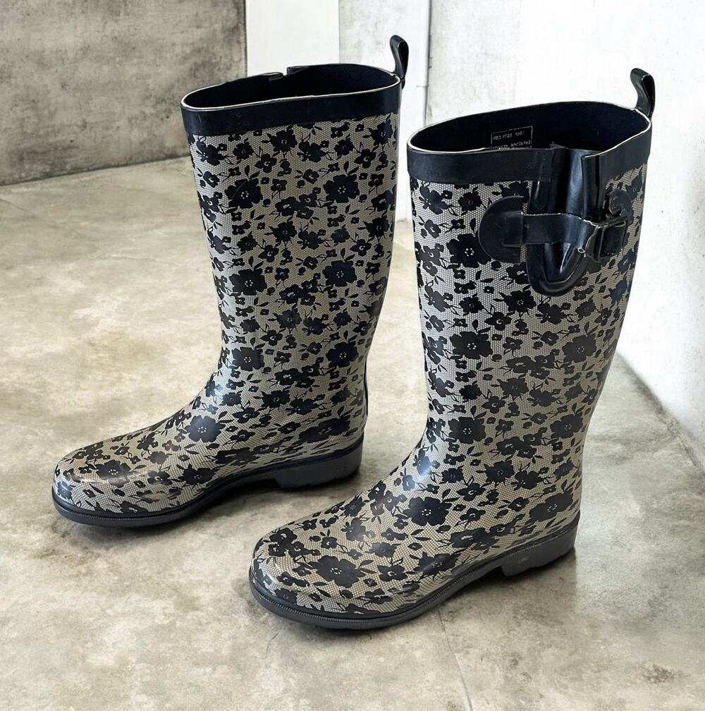 Capelli New York Tall Rain Boots Floral Black/Tan Women's Size 9 Outdoor Wear
